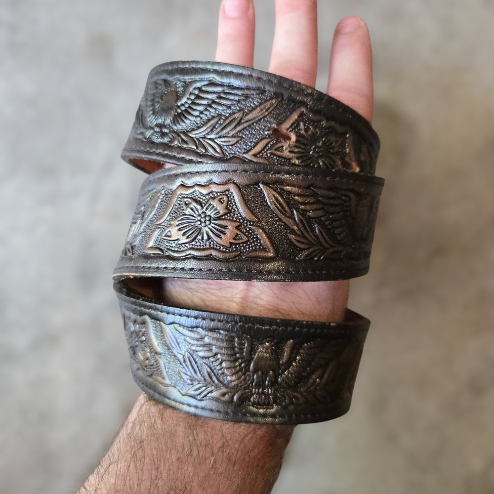 VTG Dun Dee Western Belt Leather Men 36 Brown Eagle Floral Yoakum TX Cowhide USA